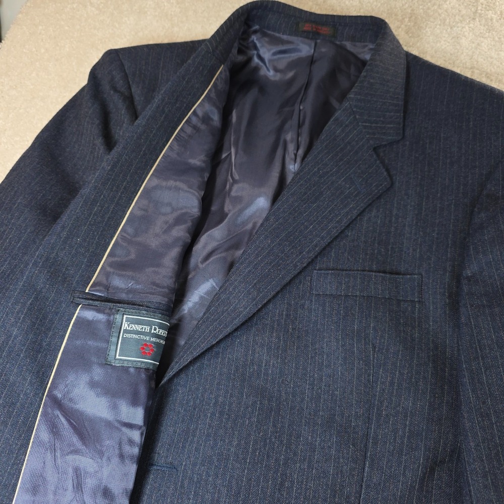 Kenneth Robison Suit Jacket Mens 44R Navy Blue Pinstripe Single Breasted Pockets
